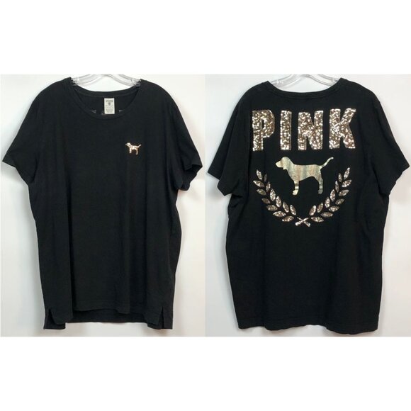 Victoria’s Secret PINK Tshirt Bling Gold Sequins Dog Logo Black Short Sleeve XXL - Picture 1 of 12